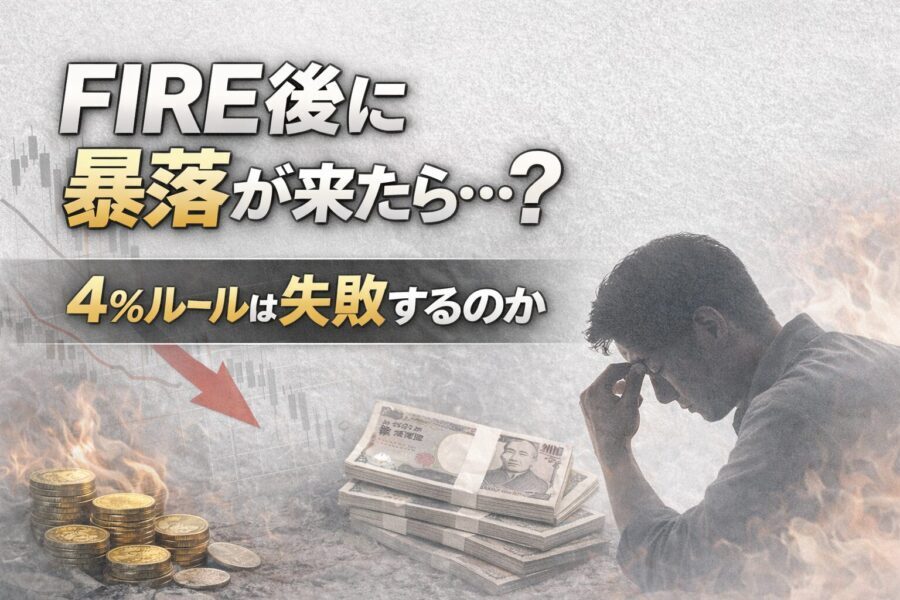 FIRE後に暴落が来た場合に4％ルールは失敗するのかを検証するイメージ。高インフレと株価下落リスクを示すサムネイル画像。